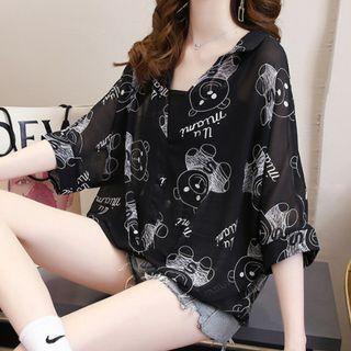 3/4-sleeve Bear Print Blouse