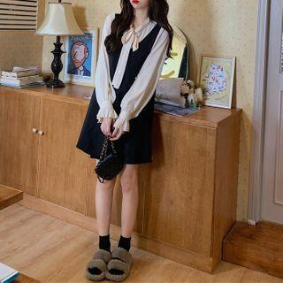 Mock Two-piece Balloon-sleeve Tie-neck Dress