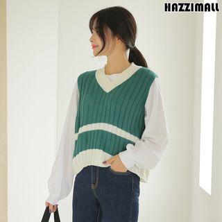 V-neck Contrast-trim Ribbed Knit Vest