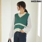 V-neck Contrast-trim Ribbed Knit Vest