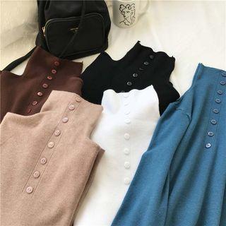 Mock Neck Buttoned Long-sleeve Knit Top