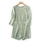 Plain 3/4-sleeve Playsuit Green - One Size