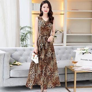 Leopard Print Sleeveless Midi A-line Chiffon Dress