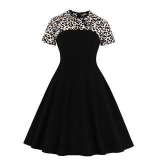 Short-sleeve Leopard Print Panel Midi A-line Dress