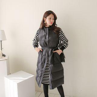 Zip-up Long Padded Vest With Sash