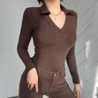 Long-sleeve V-neck Collared Knit Top