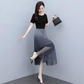 Short-sleeve Mock Two-piece Mesh Midi Dress