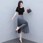 Short-sleeve Mock Two-piece Mesh Midi Dress