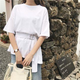 Plain Elbow-sleeve T-shirt With Belt