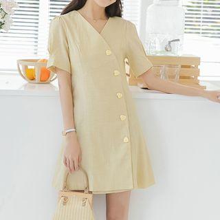 Short-sleeve V-neck Buttoned Mini Dress