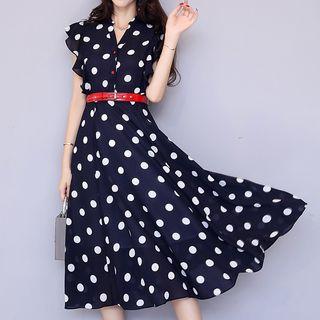 Short-sleeve Dotted A-line Midi Dress