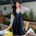Long-sleeve Polka Dot Top / Spaghetti Strap Faux Leather Mini Dress