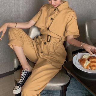 Short-sleeve Belted Straight-fit Jumpsuit