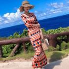 3/4-sleeve Printed Maxi Wrap Dress