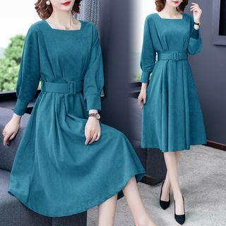 Long-sleeve Belted A-line Midi Dress