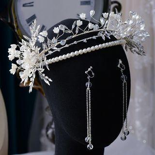 Set: Flower Faux Pearl Wedding Headband + Drop Earring White - One Size