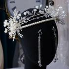 Set: Flower Faux Pearl Wedding Headband + Drop Earring White - One Size