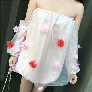 Long-sleeve Flower Detail Organza Overlay Mini Dress As Shown In Figure - One Size
