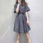Short-sleeve Belted Floral Print A-line Dress