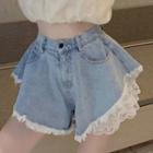 Sequined Cropped Camisole Top / Lace Undershorts / Distressed Denim Hot Pants
