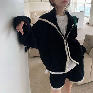 Long-sleeve Lapel Contrast Trim Jacket / High-waist Contrast Trim Shorts