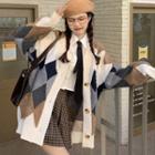 Argyle Oversized Cardigan White & Gray & Khaki - One Size