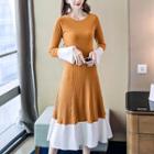 Long-sleeve Color Block A-line Midi Knit Dress
