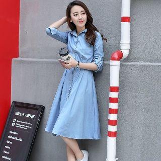 Tab-sleeve Denim A-line Dress