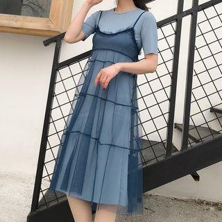 Set: Short-sleeve Midi T-shirt Dress + Spaghetti Strap Midi Mesh Dress