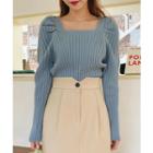 Square-neck Puff-shoulder Rib-knit Top