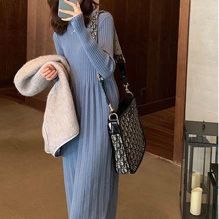 Accordion Pleat Knit Midi A-line Dress