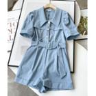 Short-sleeve Plain Wide-leg Romper