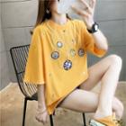 Planet Embroidered Elbow-sleeve T-shirt