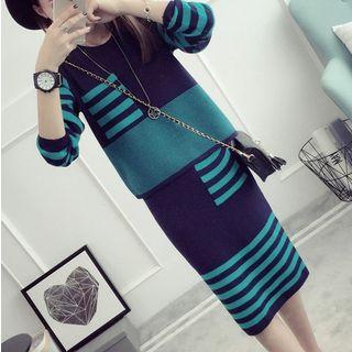 Set:strip Long-sleeve Knit Top + Midi Skirt