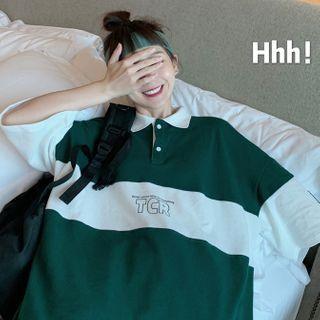 Color Block Lettering Polo Long T-shirt