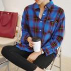 Pocket-front Plaid Shirt Blue - One Size