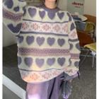Heart Jacquard Sweater White & Purple - One Size