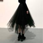 Irregular Hem Mesh Midi A-line Skirt Black - One Size