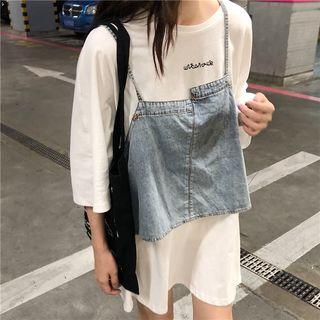 3/4-sleeve T-shirt / Spaghetti-strap Asymmetrical Denim Top