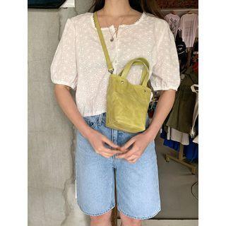 Puff-sleeve Square Neck Eyelet Blouse White - One Size