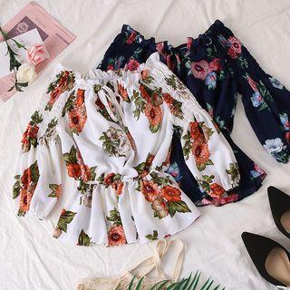 Boatneck Ruffled-trim Floral Chiffon Blouse