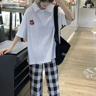 Elbow-sleeve Applique Polo Shirt / Plaid Straight Cut Pants