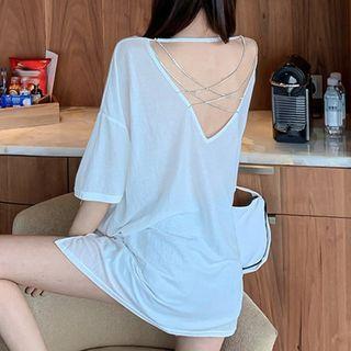 Open-back Elbow-sleeve Plain T-shirt