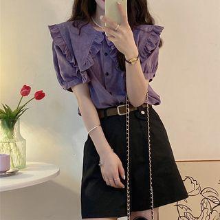 Puff-sleeve Collar Ruffled Blouse / High Waist Wide Leg Shorts