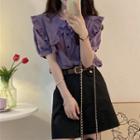 Puff-sleeve Collar Ruffled Blouse / High Waist Wide Leg Shorts