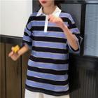 Striped Short-sleeve Polo Shirt Stripes - Navy Blue - One Size
