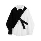 Set: Plain Knit Shawl + Long-sleeve Shirt White - One Size