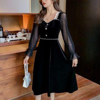 Square Neck Mesh Panel Velvet A-line Dress