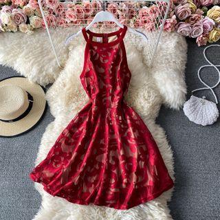 Halter Slim-fit Lace A-line Dress