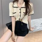 Short-sleeve Button-up Two-tone Knit Top